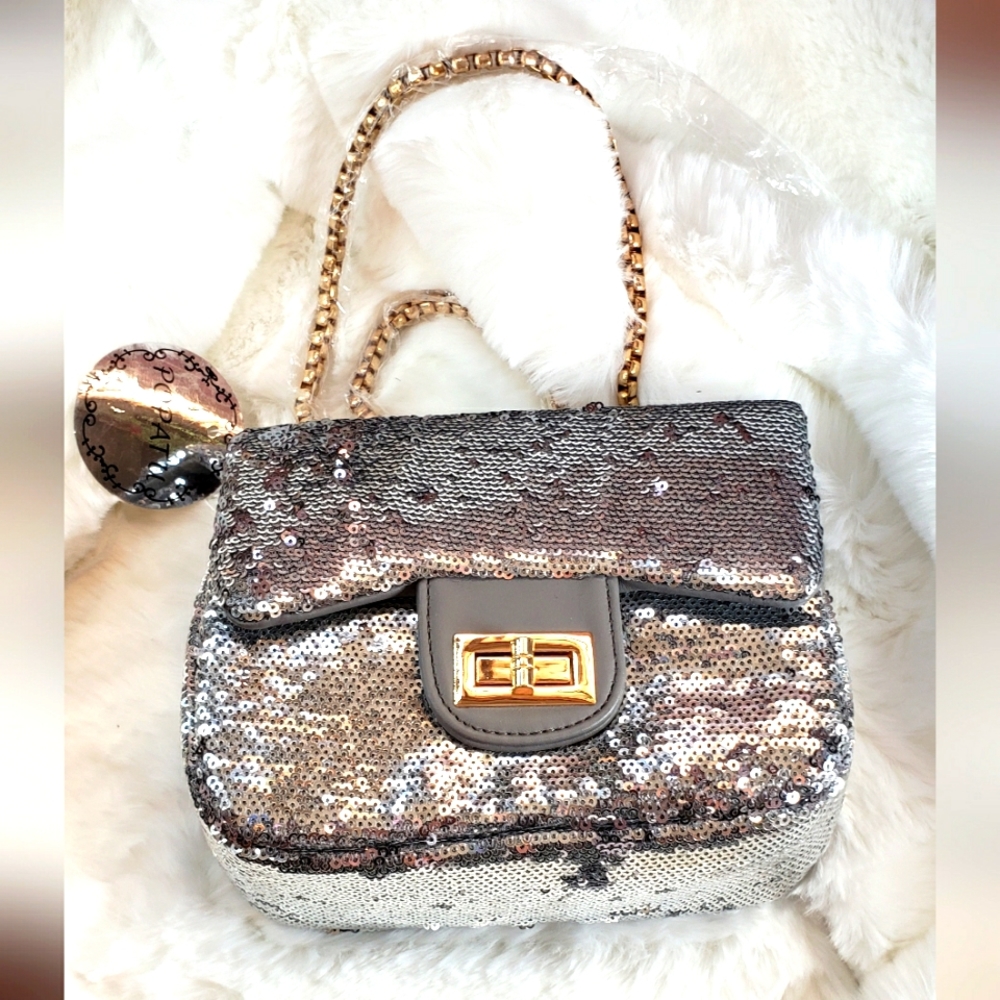 Popatu silver sequined purse with gold hardware NWT